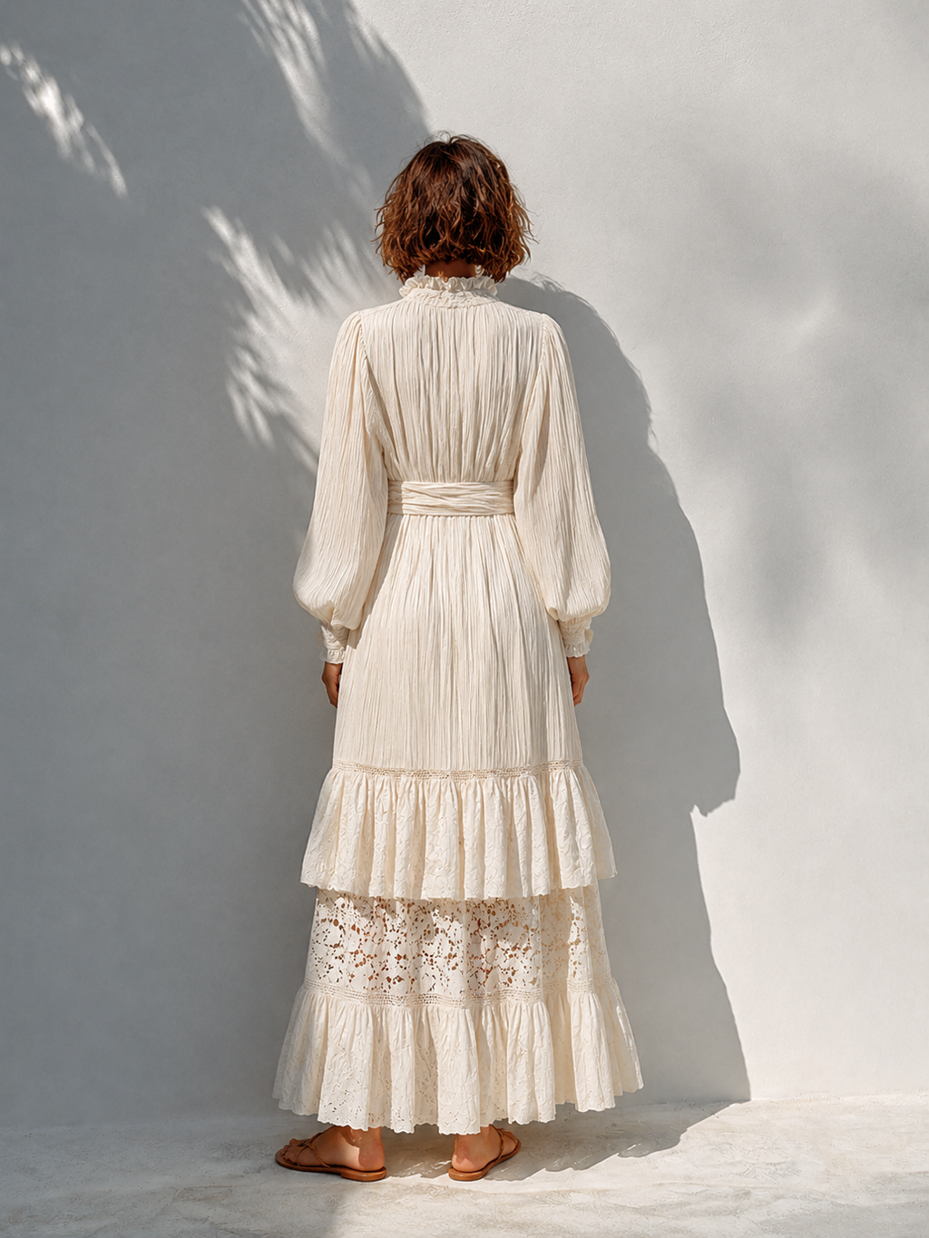 Women's Bohemian Resort-Style Off-white Ruffled Stand-Collar Bishop-Sleeve Belted Pleated Lace-Paneled Maxi Dress MDZ1432G3CMX