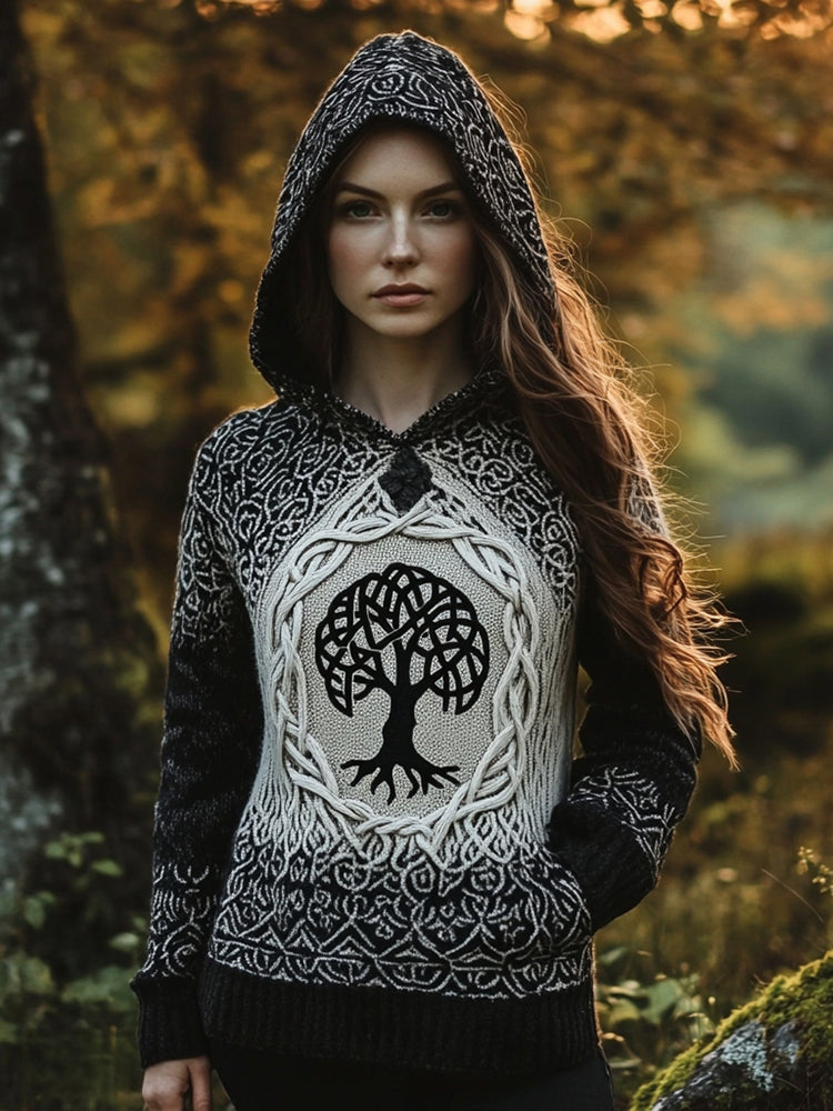 Women's Viking Celtic Tree Of Life Totem Jacquard Hooded Sweater