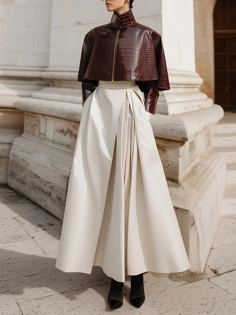 Minimalist Cape Collar Glossy Crocodile Eco-leather Jacket