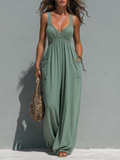 Boho Lace-Trimmed Wide-Leg Jumpsuit With Patch Pockets