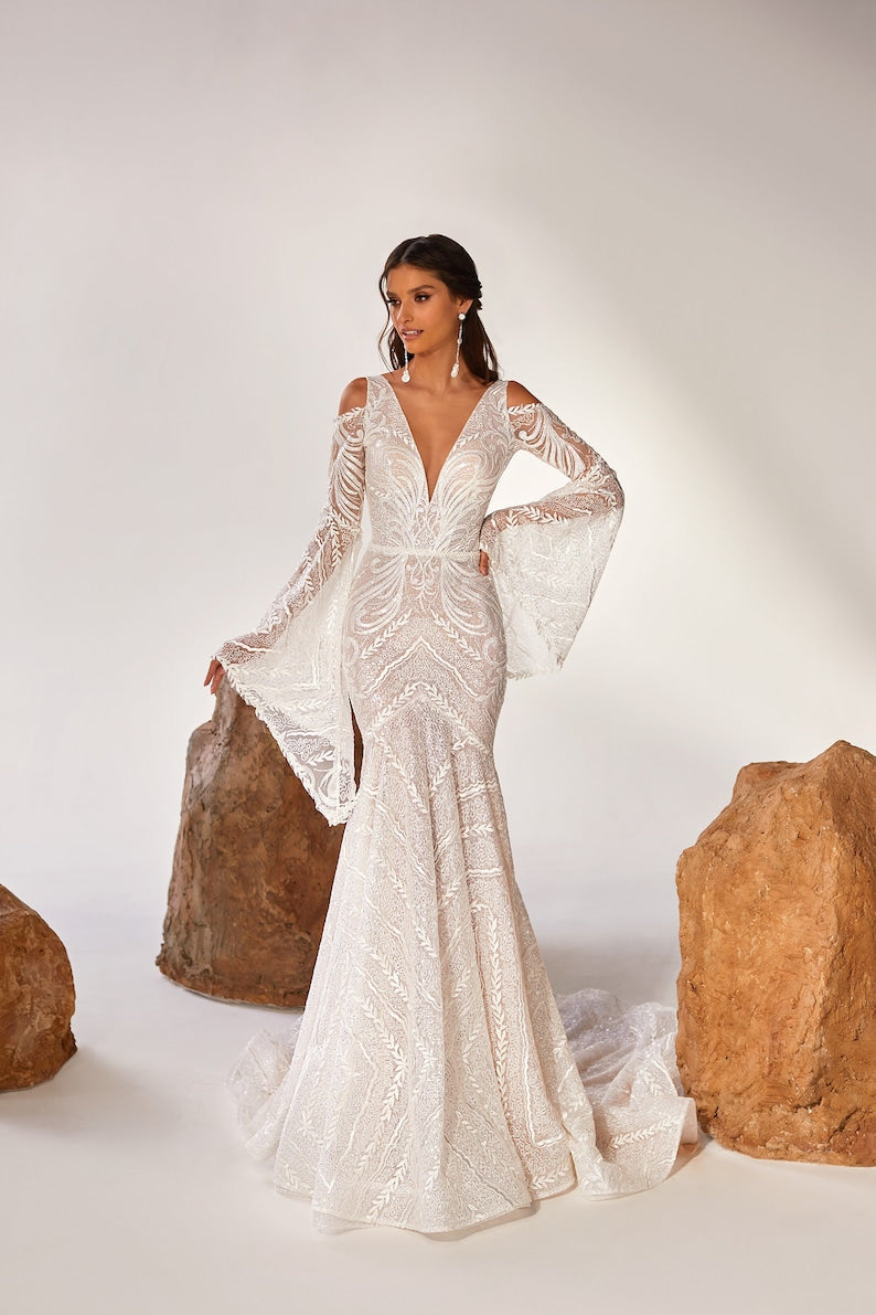 Feminine Mermaid Shining Original long sleeves V neckline Sequin Floral Lace  Sweep train wedding dress