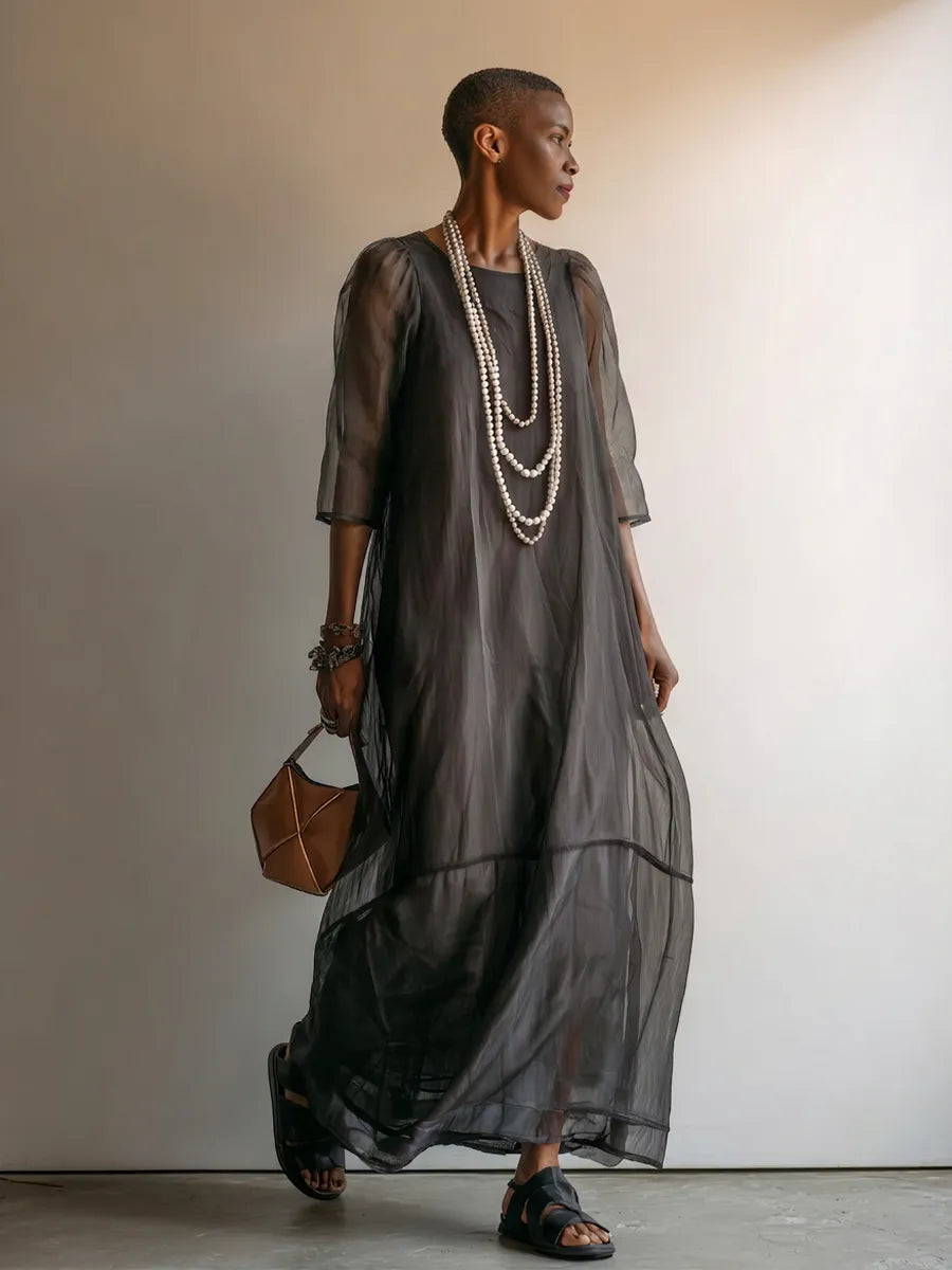 Women’s Dark Gray Minimalist Sheer Chiffon Overlay Round Neck Mid Sleeve Flowy Tiered Oversized Maxi Dress MDZ0299G1T