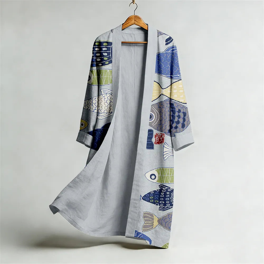 Vintage Fish Japanese Art Flowy Linen Long Kimono