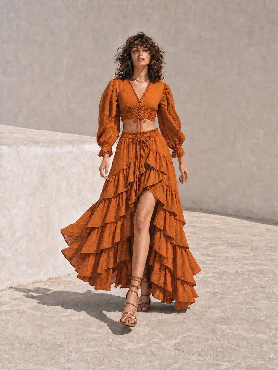 Caramel Lace-Up V-Neck Puff Sleeve Crop Top & Irregular Ruffle Maxi Skirt Two-Piece Set MDZ1708G3CMX