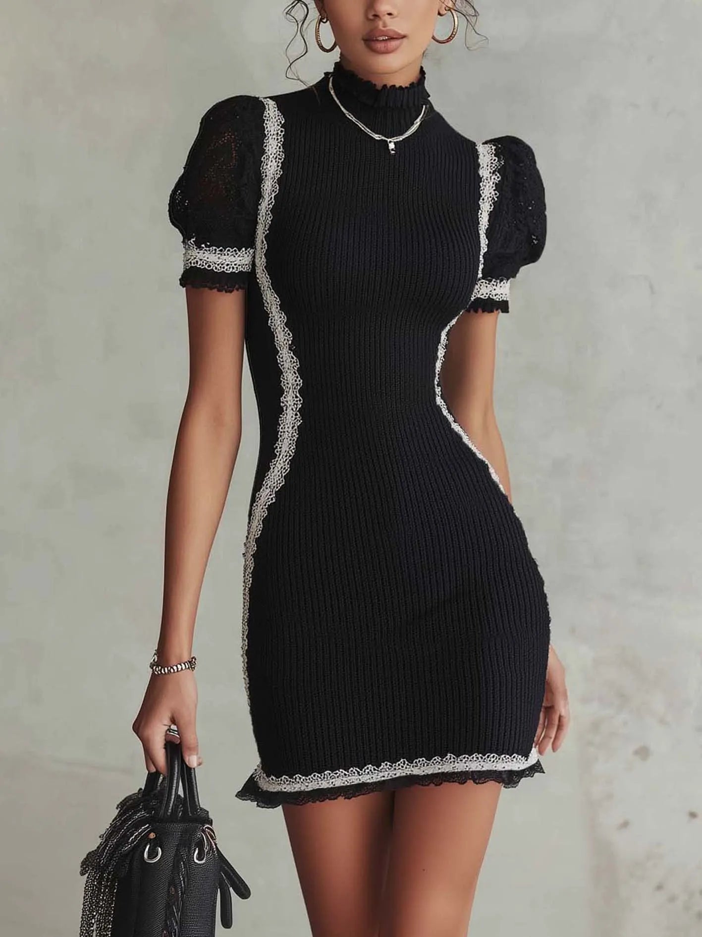 Black Ribbed Knit Bodycon Mini Dress With Lace Trim And Ruffle Hem