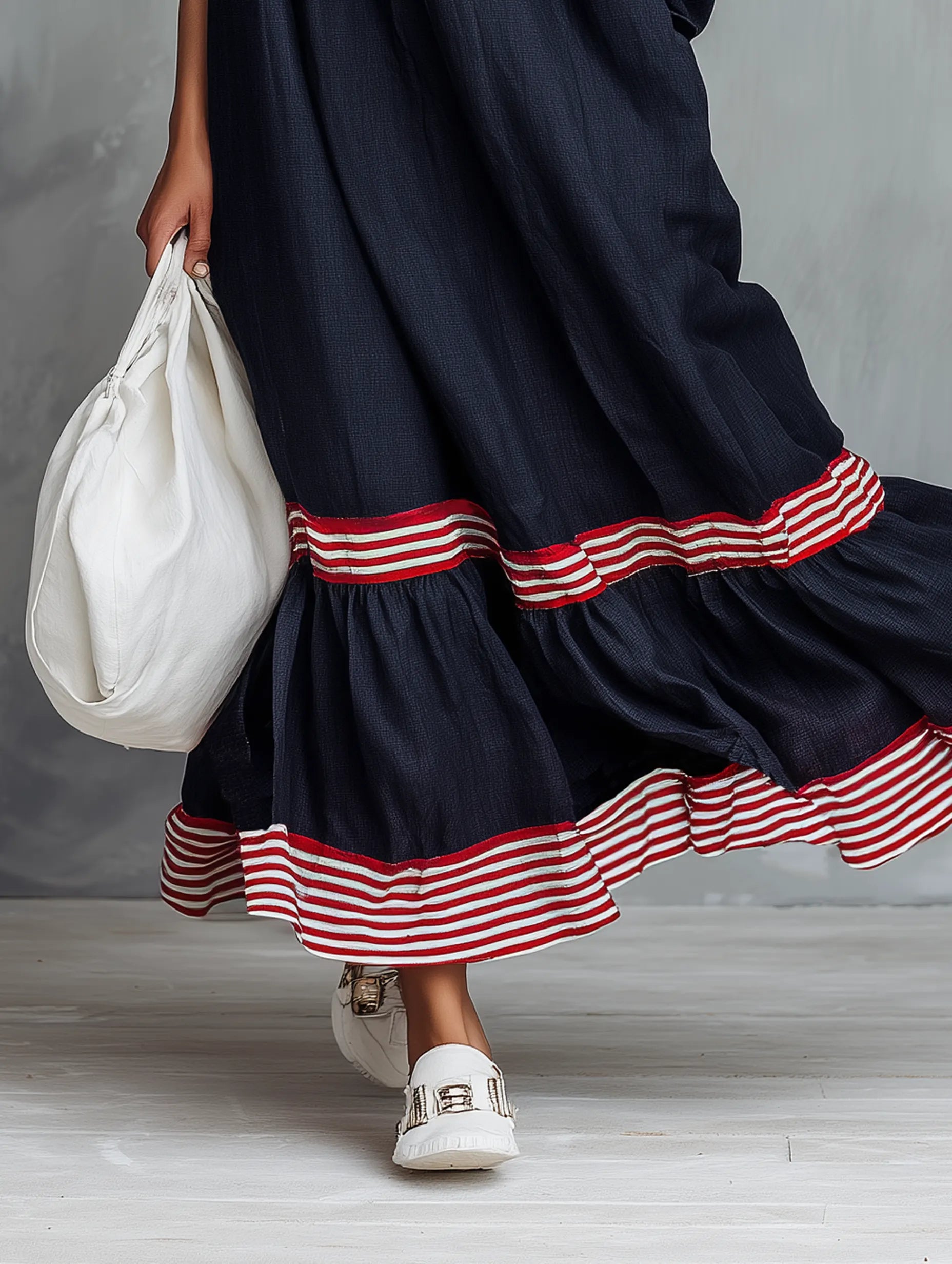 Women's Minimalist Linen-Blend Long-Sleeve Maxi Dress With Striped Hem Panel MDZ0967G8WY