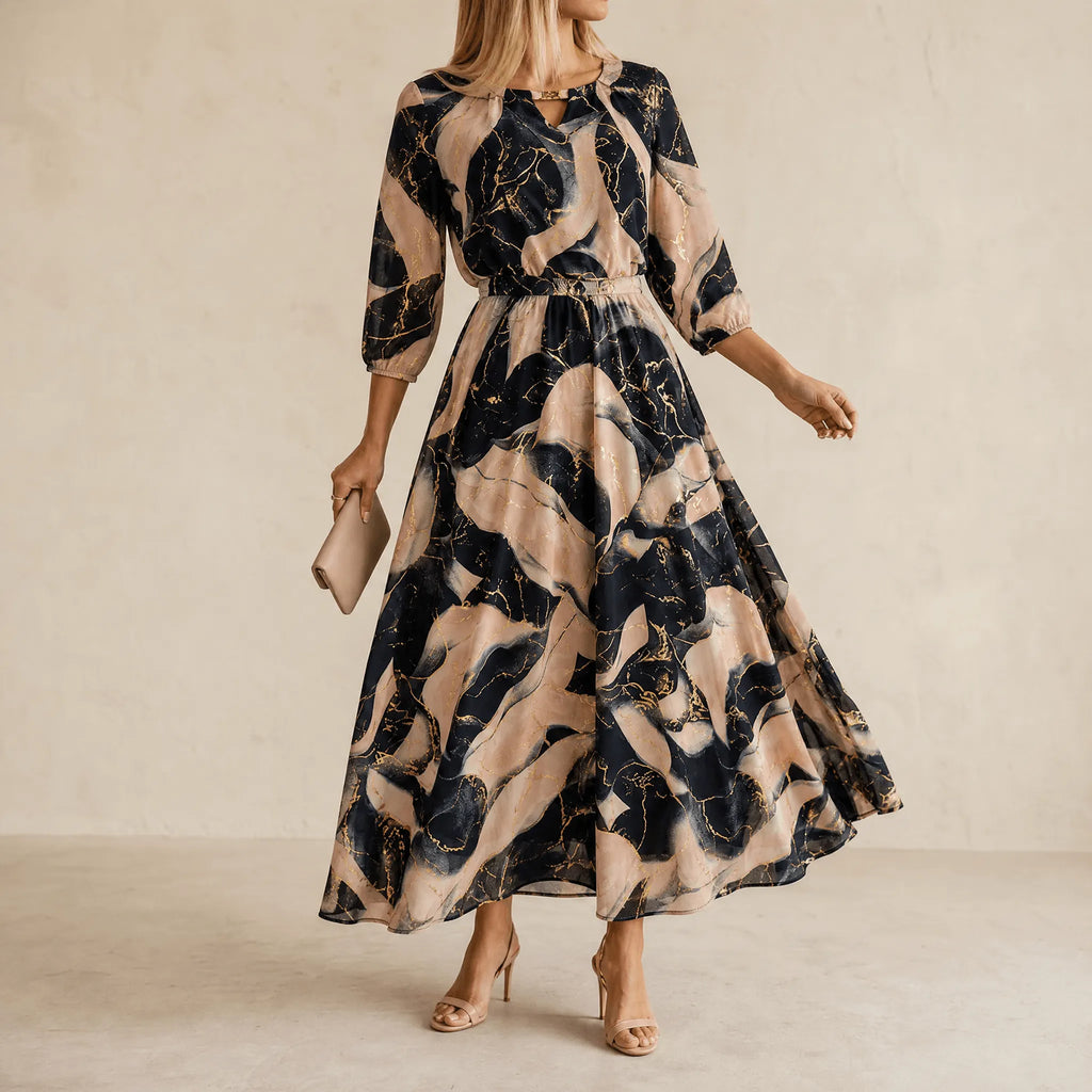 Vivara – Women's Marble Gold Chiffon Maxi Dress
