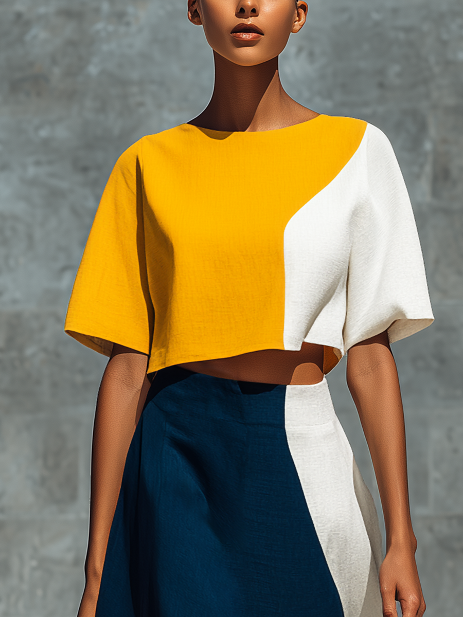 Women’s Color Block Linen Round Neck Puff Sleeve Crop Top & High Waist Asymmetric Color Block Midi Skirt Two-Piece Matching Set MDZ2654F3T