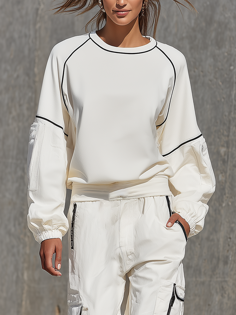 Women's Off White Contrast Black Piping Raglan Crew Neck Long Sleeve Sweatshirt Multi Cargo Pocket Wide Leg Pants Two Piece Set MDZ2788G3YZJ