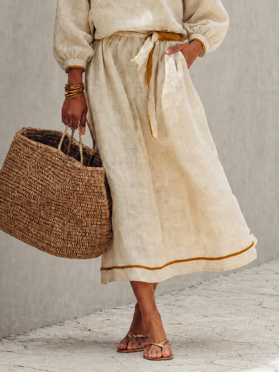 Women's Resort-Style Beige Split Round-Neck Bishop-Sleeve Belted Linen Top & Maxi Skirt Set MDZ1052G1CMX