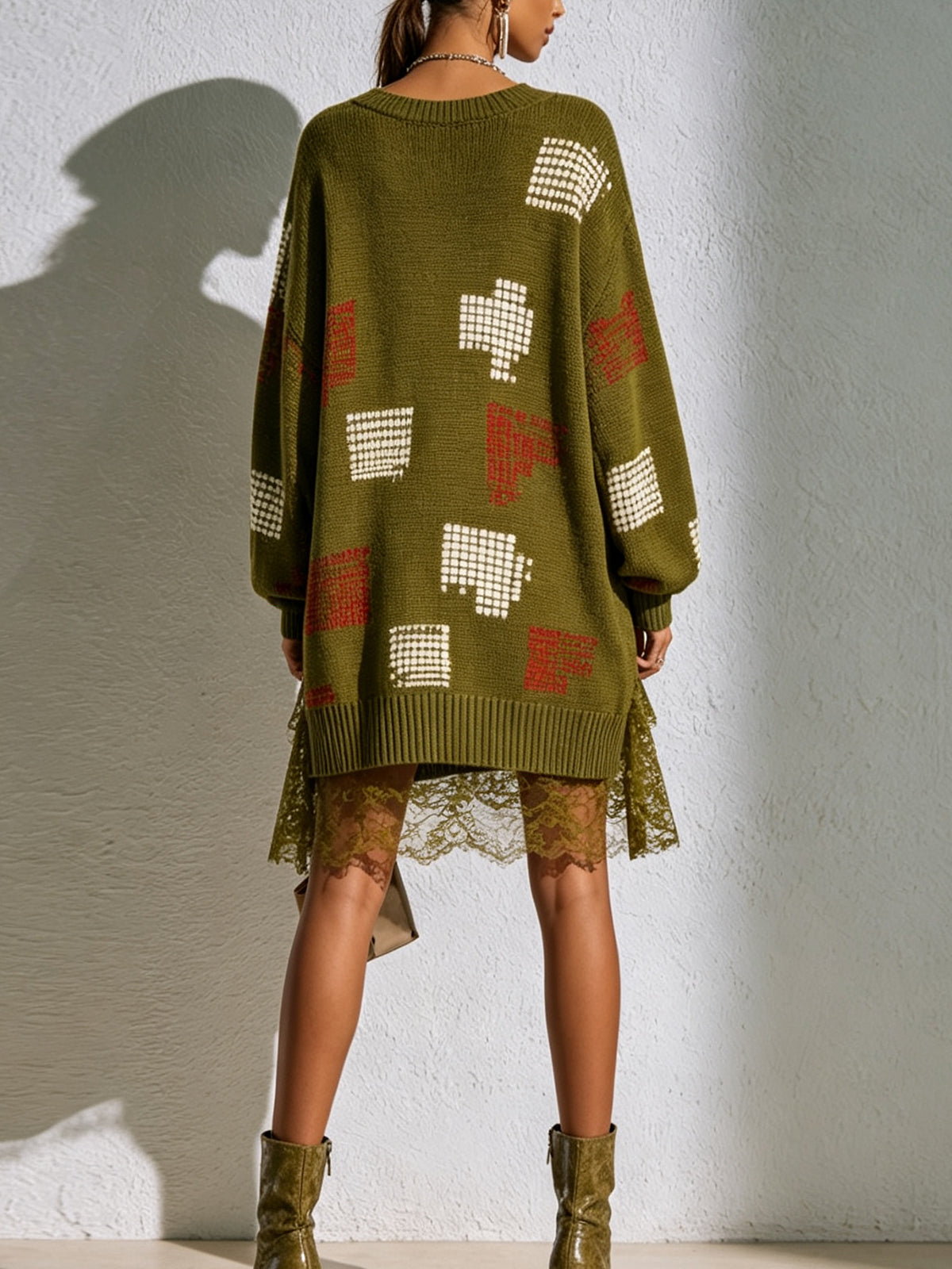 Olive Patchwork Lace Hem Oversized Knit Mini Dress