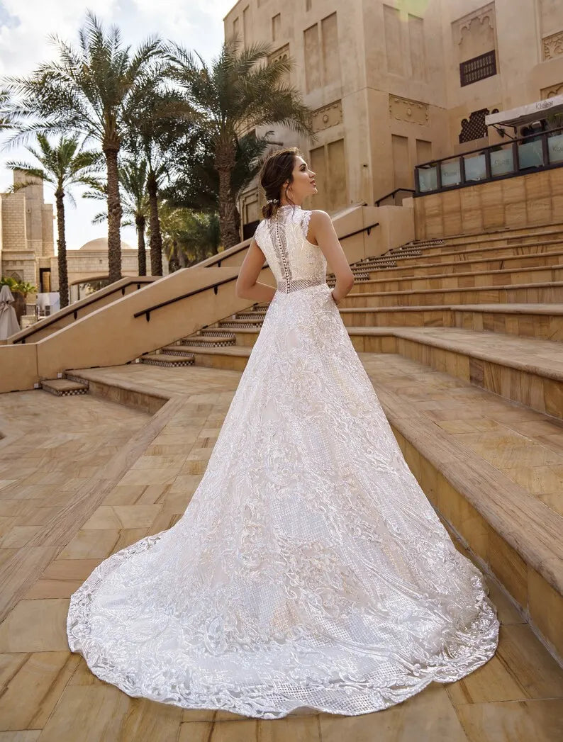Wedding Dress, White Bridal Dress, Deep V Neck Tulle Wedding Gown, Boho Beach Wedding Dress, Illusion Lace Ruffle Sleeves Formal Gown