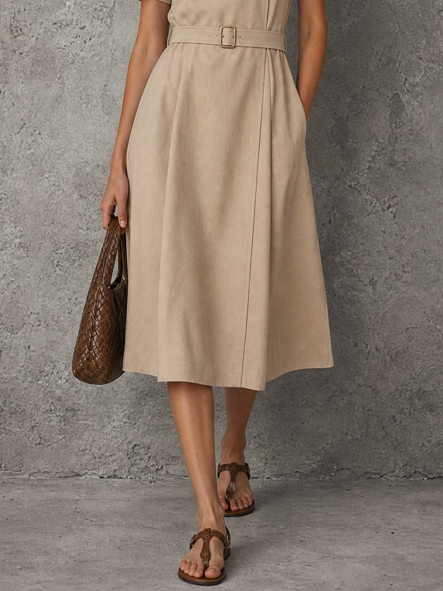 Women's Minimalist Elegant Khaki Cotton Blend Button Belted Short Sleeve Midi Dress MDZ2133G8GMJ