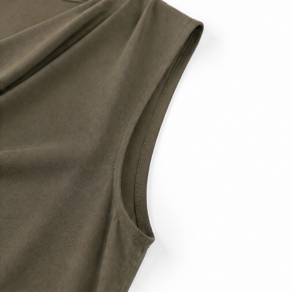 Solvea – Cowl Neck Shift Dress, Sleeveless Mini with Side Pockets