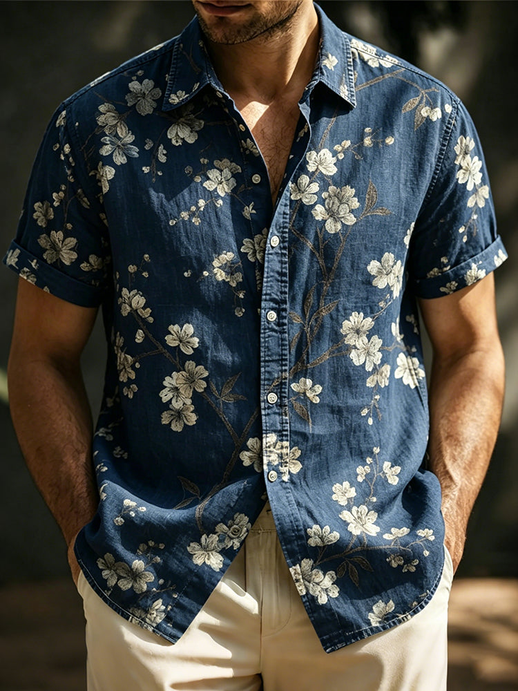 Men's Vintage Floral Art Linen Blend Short Sleeve Shirt