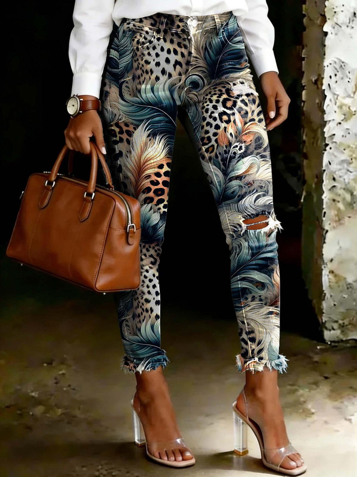 Women's Vintage Leopard Print Feather Art Ripped Skinny Jeans