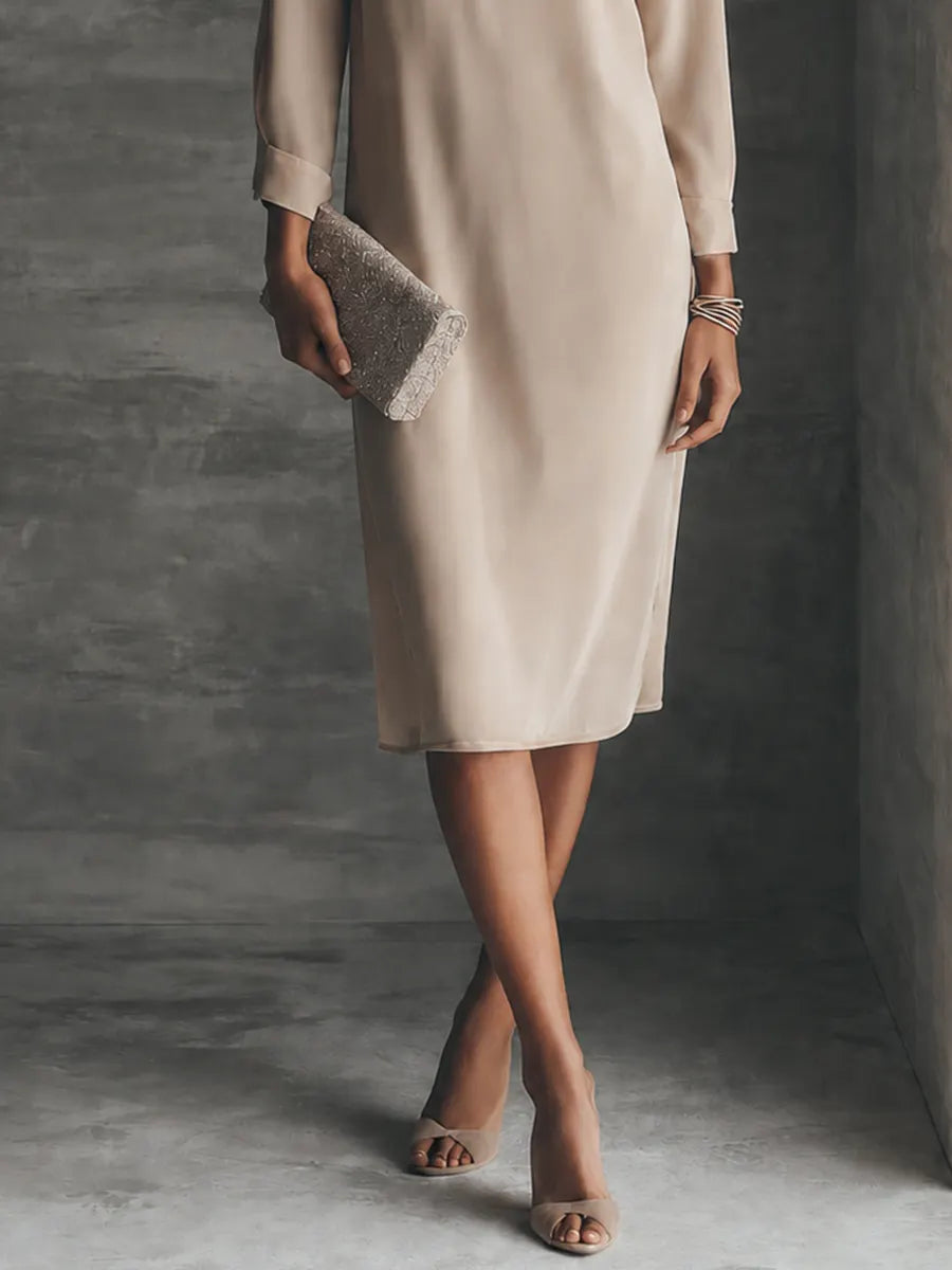 Women's Elegant Beige Tencel Blend Embroidered Yoke Fringe Trim Split-Neck Midi Dress MDZ1612G1GMJ