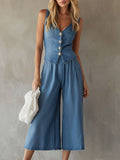 Casual Vacation Retro Blue Denim Vest And Wide-leg Cropped Pants Set