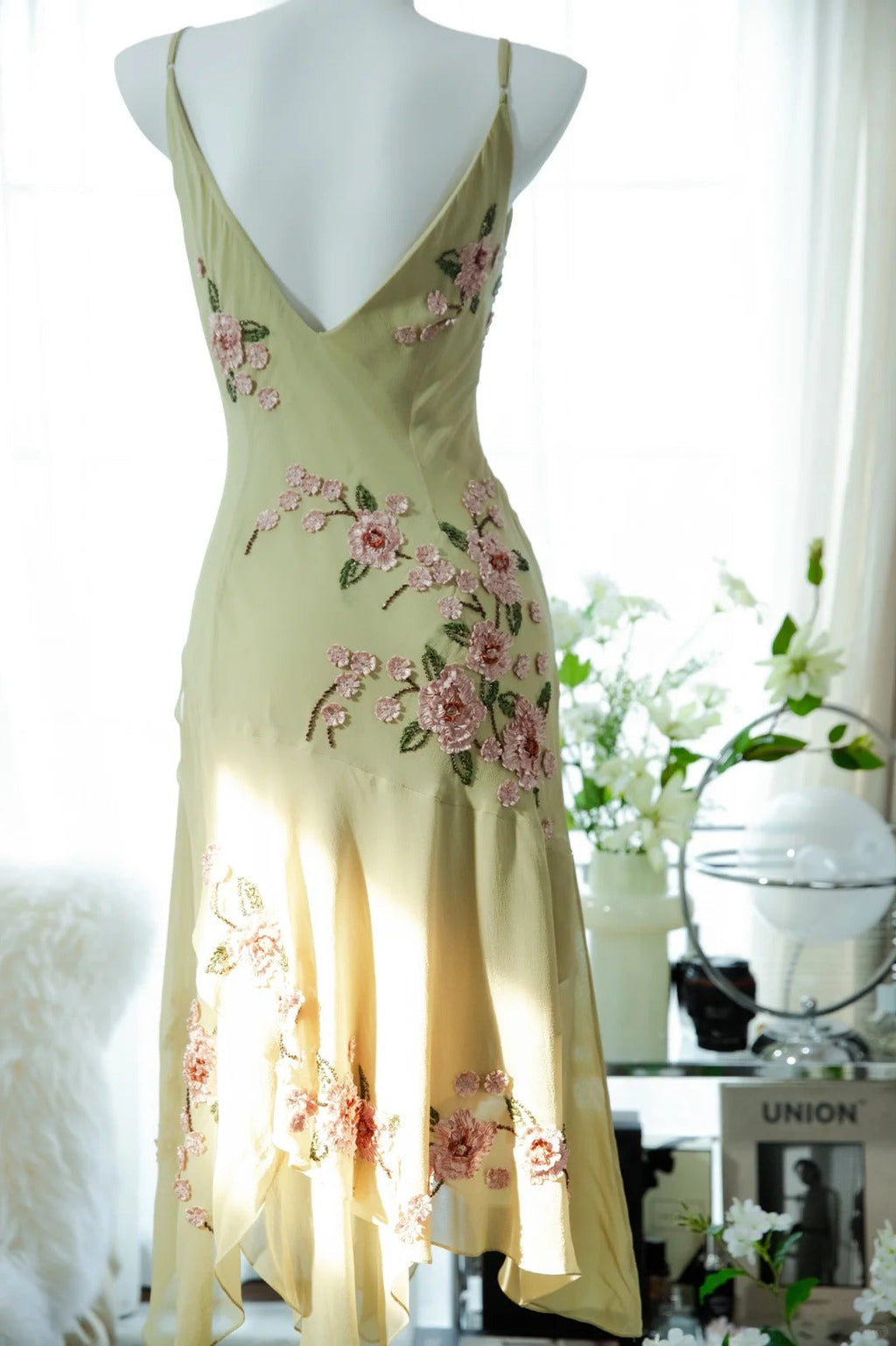 Yellow Elegant Romantic Delicate Pink Floral Beading Spaetti Straps Midi/Short Chiffon Homecoming Ball Gown Evening Dress Birthday/Wedding Guest/Holiday Party Dress Prom Dress 4023