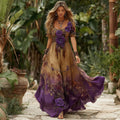 Women's Purple Floral Pattern Casual Round Neck Short Sleeve Dress
