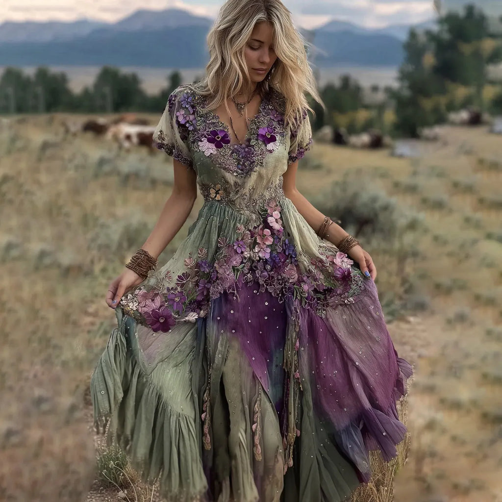 Vintage Gradient Purple Pansy Embroidered Linen Maxi Dress