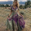 Vintage Gradient Purple Pansy Embroidered Linen Maxi Dress