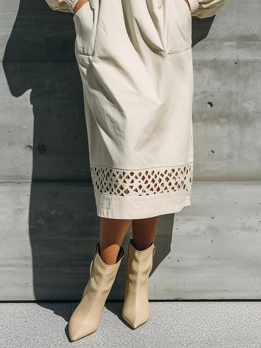 Women's Off White Cotton Blend Stand Collar Half Zip Balloon Elastic Cuff Side Pocket Cutout Hem Midi Dress MDZ1616G9YZJ