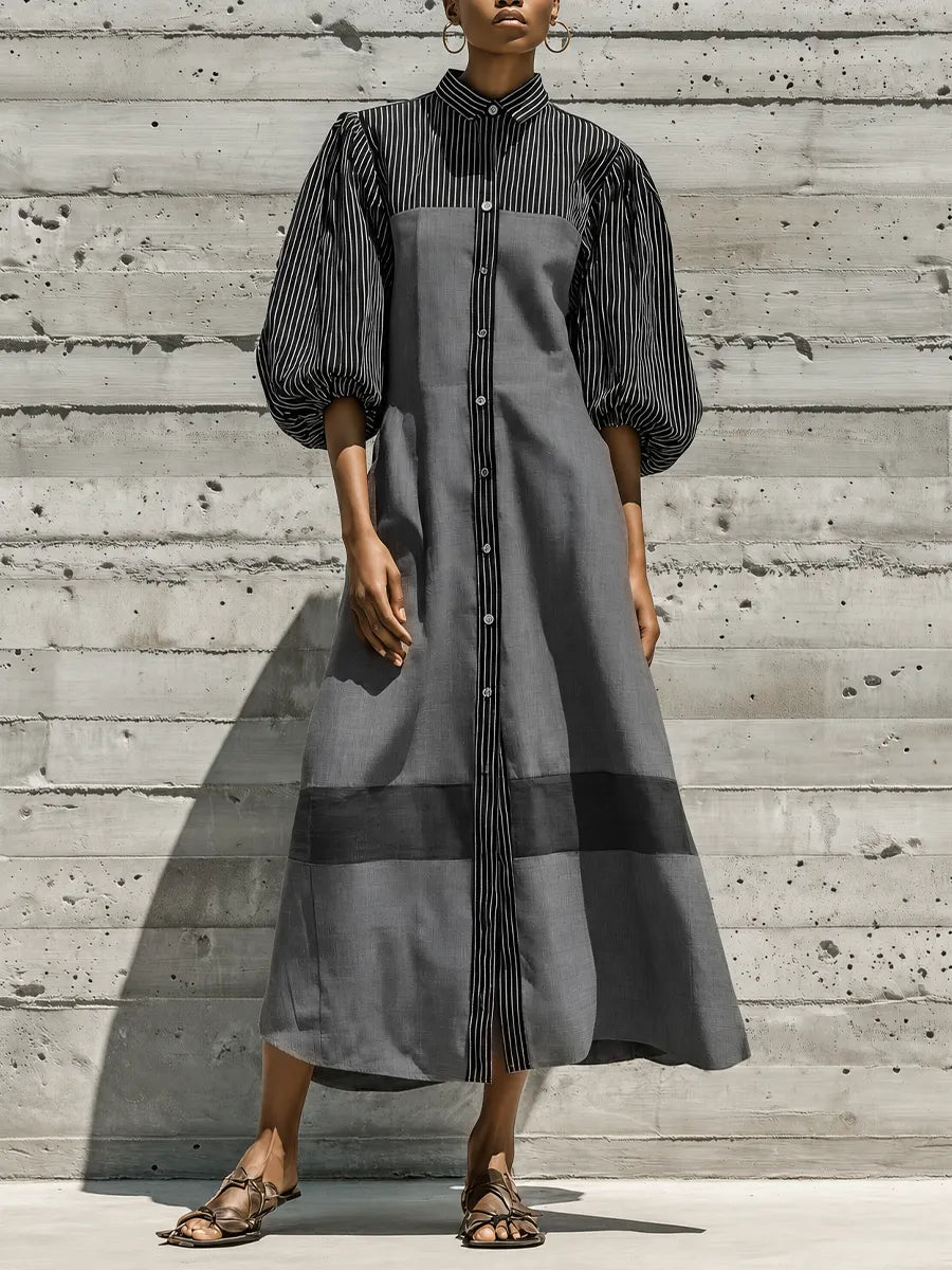 Women's Black White Vertical Stripe Patch Puff Sleeve Collared Button Front Color Block Gray Cotton-linen blend Midi Shirt Dress MDZ2049G8YZJ