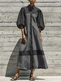 Women's Black White Vertical Stripe Patch Puff Sleeve Collared Button Front Color Block Gray Cotton-linen blend Midi Shirt Dress MDZ2049G8YZJ