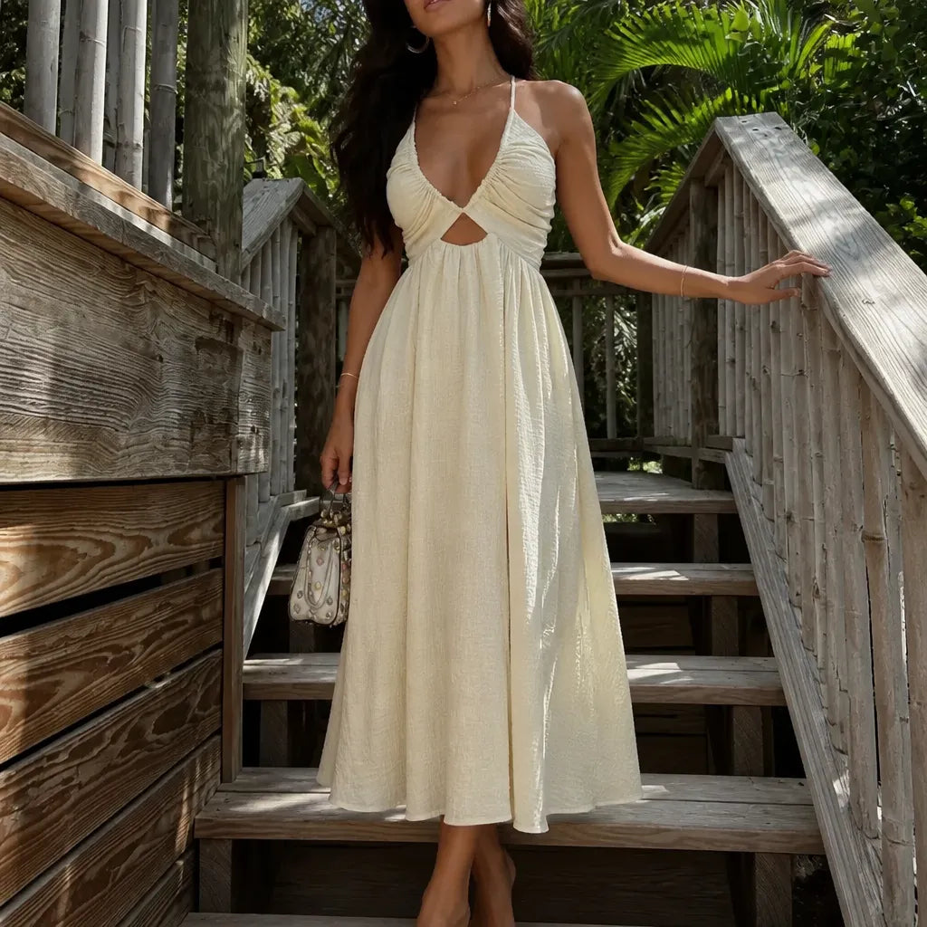 Solvenya – V-Neck Halter Maxi Dress with Cutout and Slit