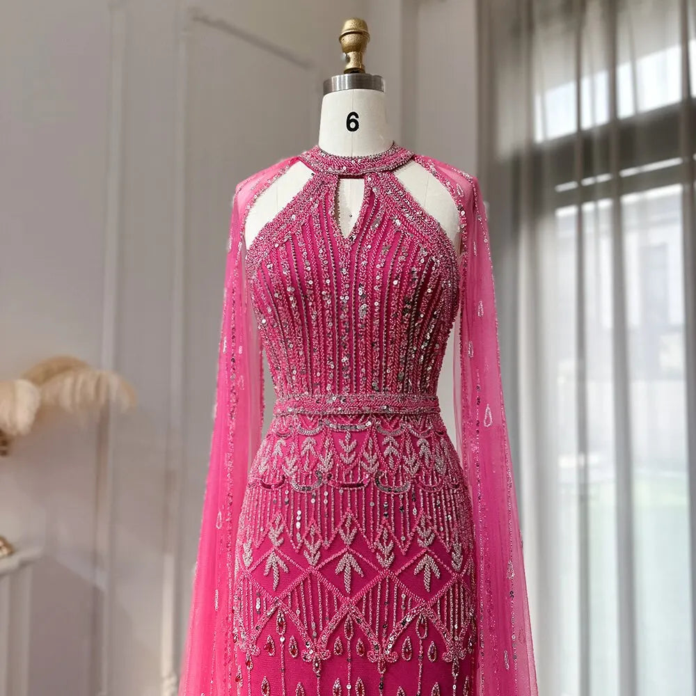 DreamyVow  Luxury Dubai Mermaid Pink Evening Dresses with Cape Sleeves 2023 Arabic Women Wedding Guest Formal Party Gowns 361