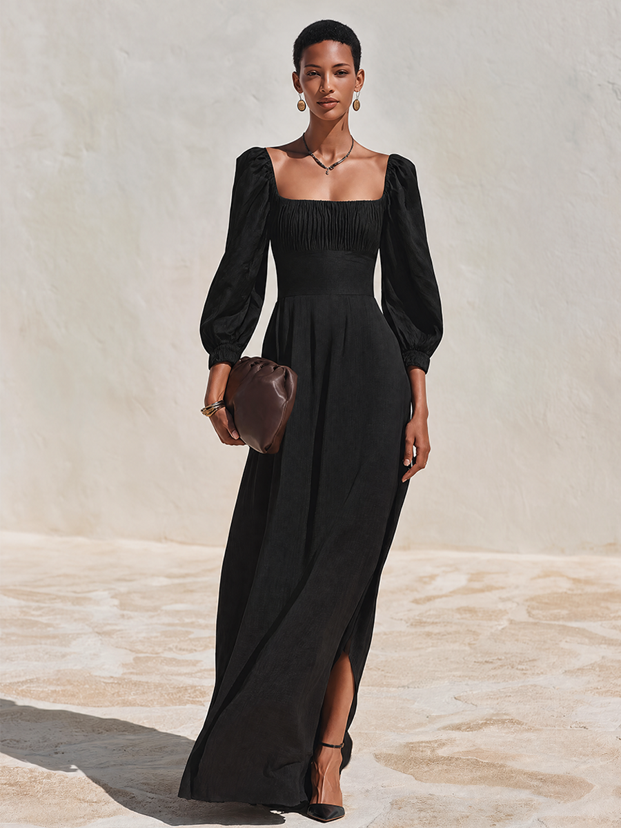 Women's Minimalist Solid Black Linen Square Neck Puff Sleeve Maxi Dress MDZ1680G2ZRK