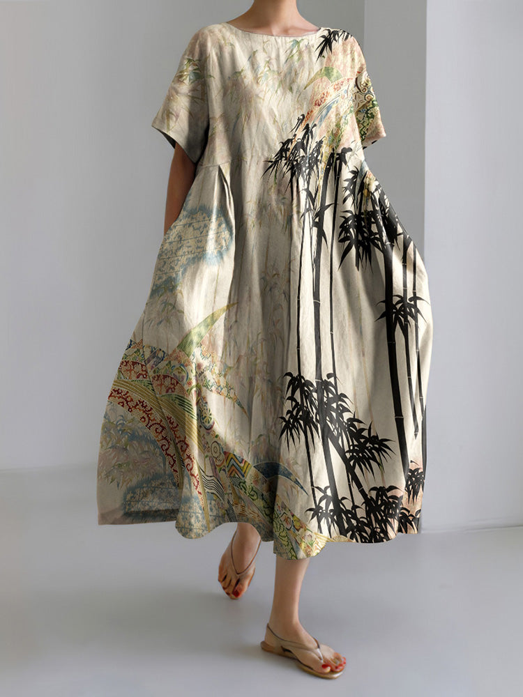 Women's Vintage Japanese Art Print Short Sleeve Midi Dress
