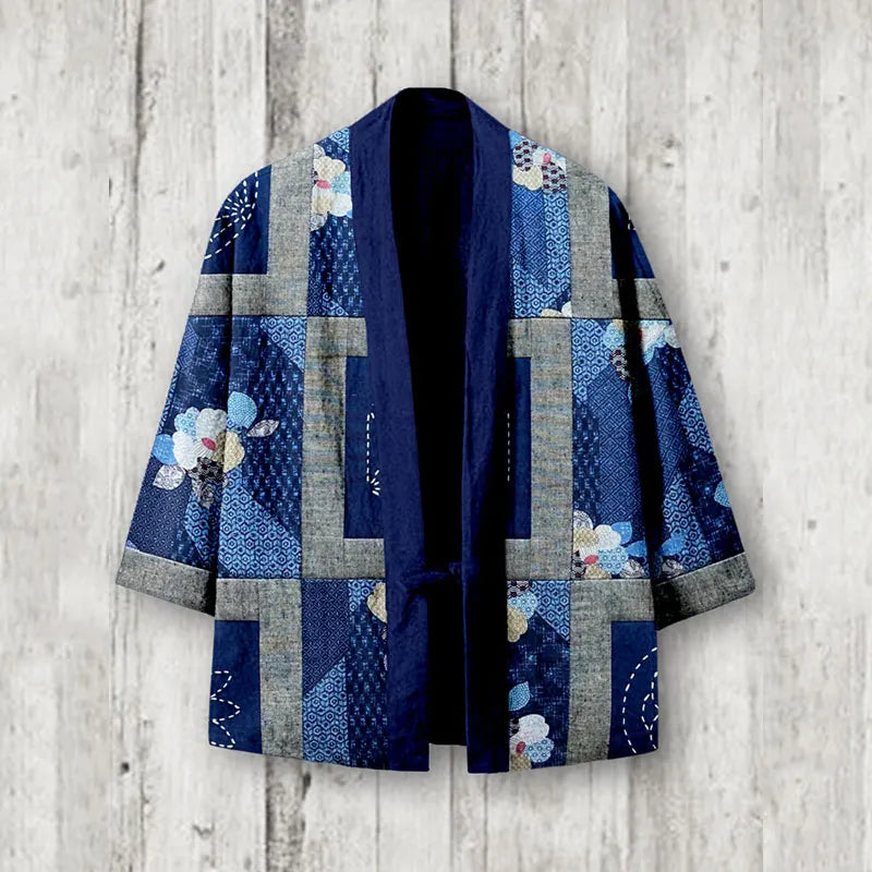 Vintage Japanese Sashiko Patchwork Linen Blend Kimono Cardigan
