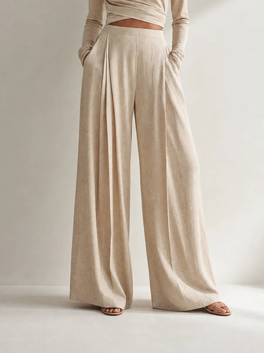 Beige Twist Wrap Long-Sleeve Knit Top Textured Wide-Leg Pants Two-Piece Set MDZ1703G5CMX