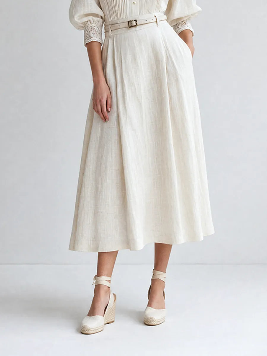 Women's Elegant Vintage White Linen Lace-Trim Stand-Collar Three-Quarter Puff-Sleeve Midi Dress MDZ2102G9CMX