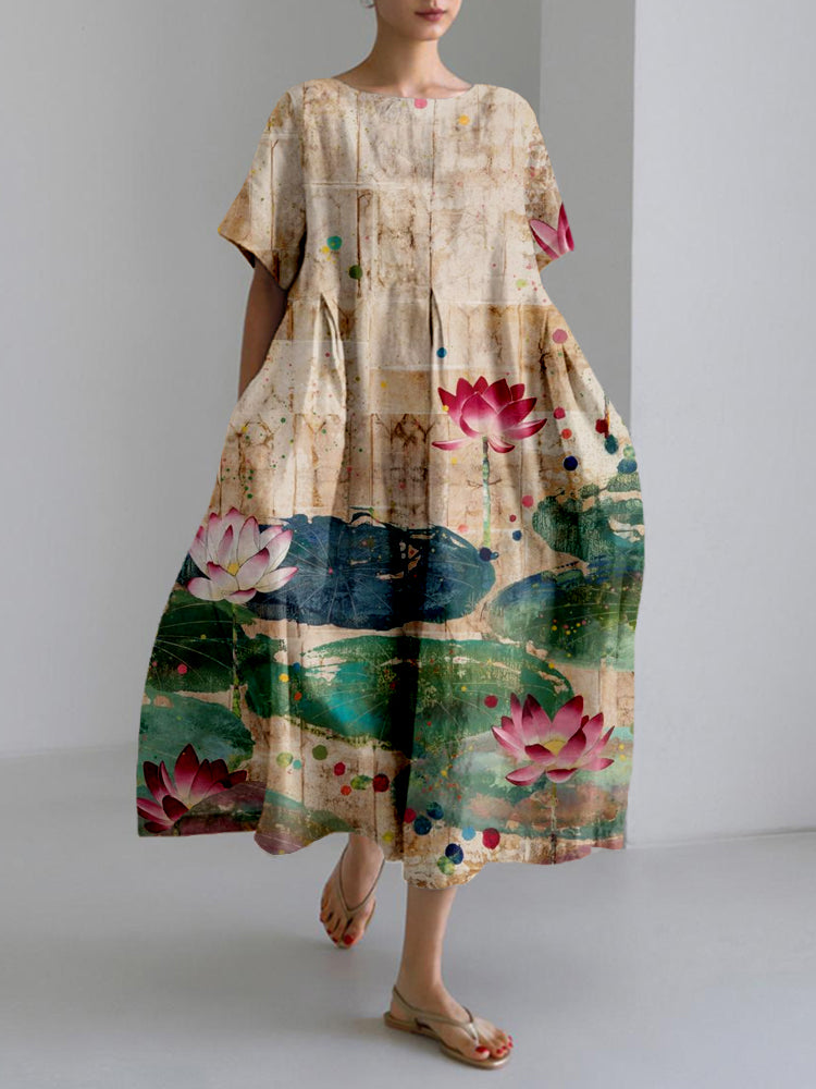 Vintage Lotus Flower Art Linen Blend Cozy Maxi Dress