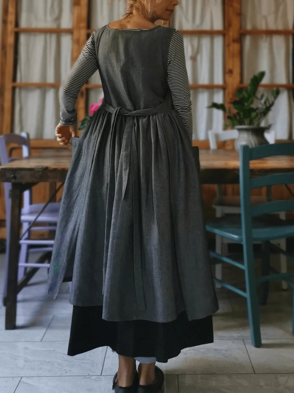 Grey Herringbone  Apron with Pockets