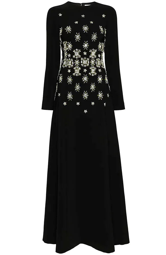 Long Sleeve Crystal Detail A Line Maxi Dress Black