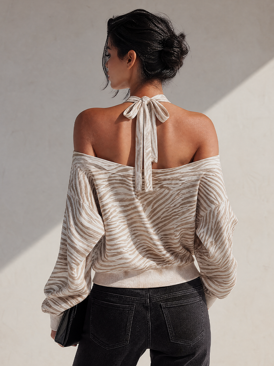 Women's Zebra Print Halter-Neck Off-Shoulder Long-Sleeve Cotton-Blend Top MDZ2452G6ZRK