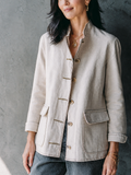 Women's Simple Commuter Off White Cotton Linen Stand Collar Contrast Stitched Patch Pockets Jacket MDZ1566G2GMJ