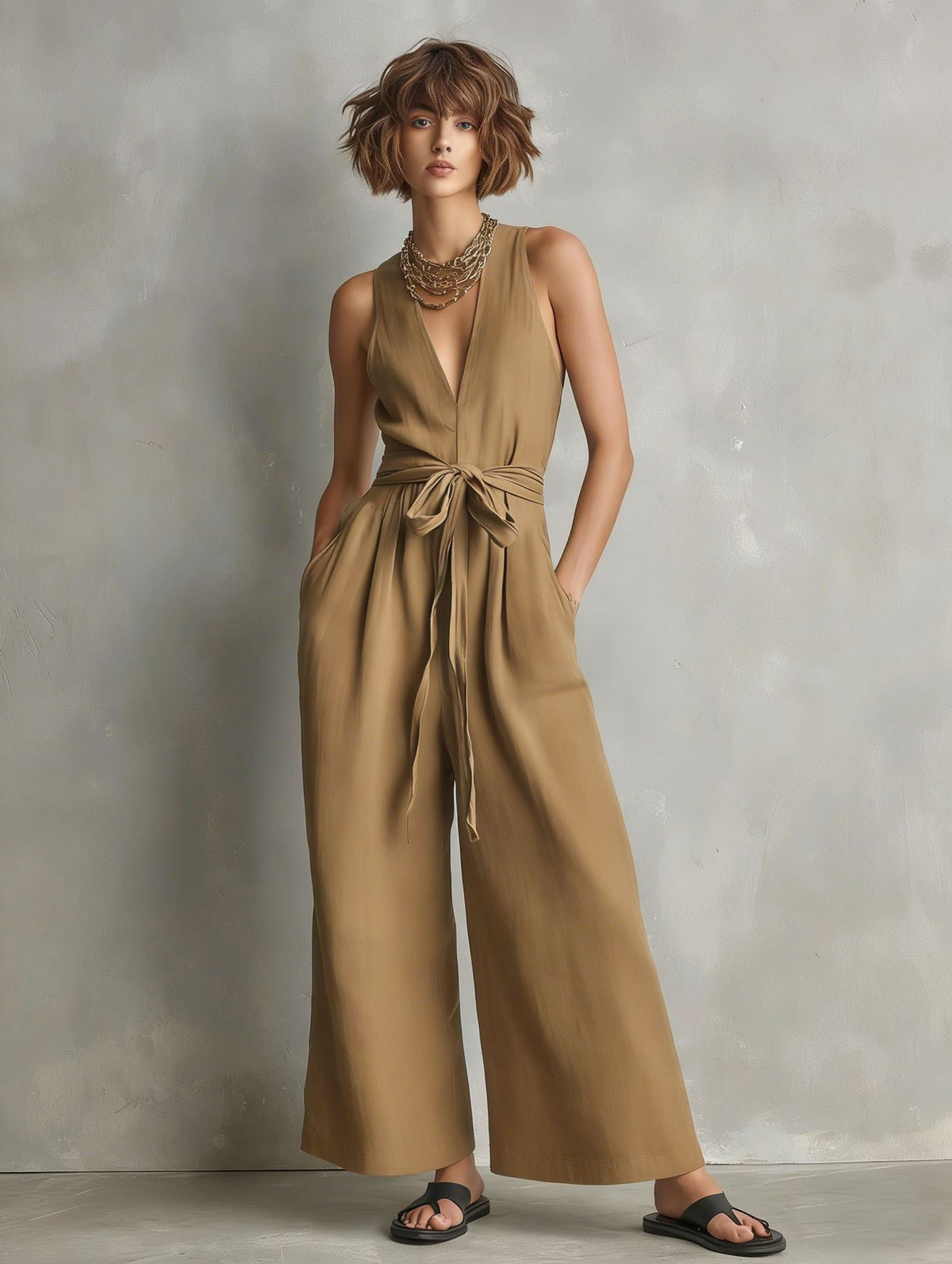 Momocco Elegant Waist-Knot Jumpsuit - Sleeveless Wide-Leg One-Piece Quiet Luxury Set
