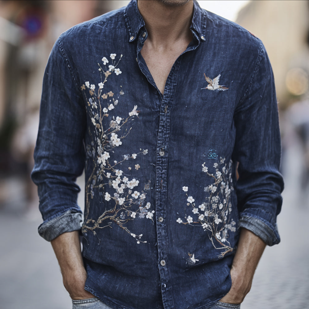 Japan Art Cherry Blossom Bird Denim Blue Cotton Linen Cardigan Shirt