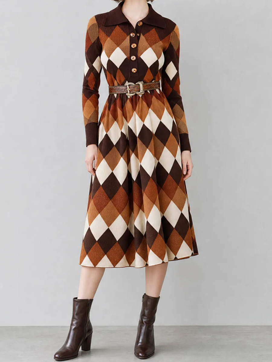 Women's Elegant Vintage Brown Argyle-Jacquard Polo-Collar Long-Sleeve Belted Knit Midi Dress MDZ2788G6CMX