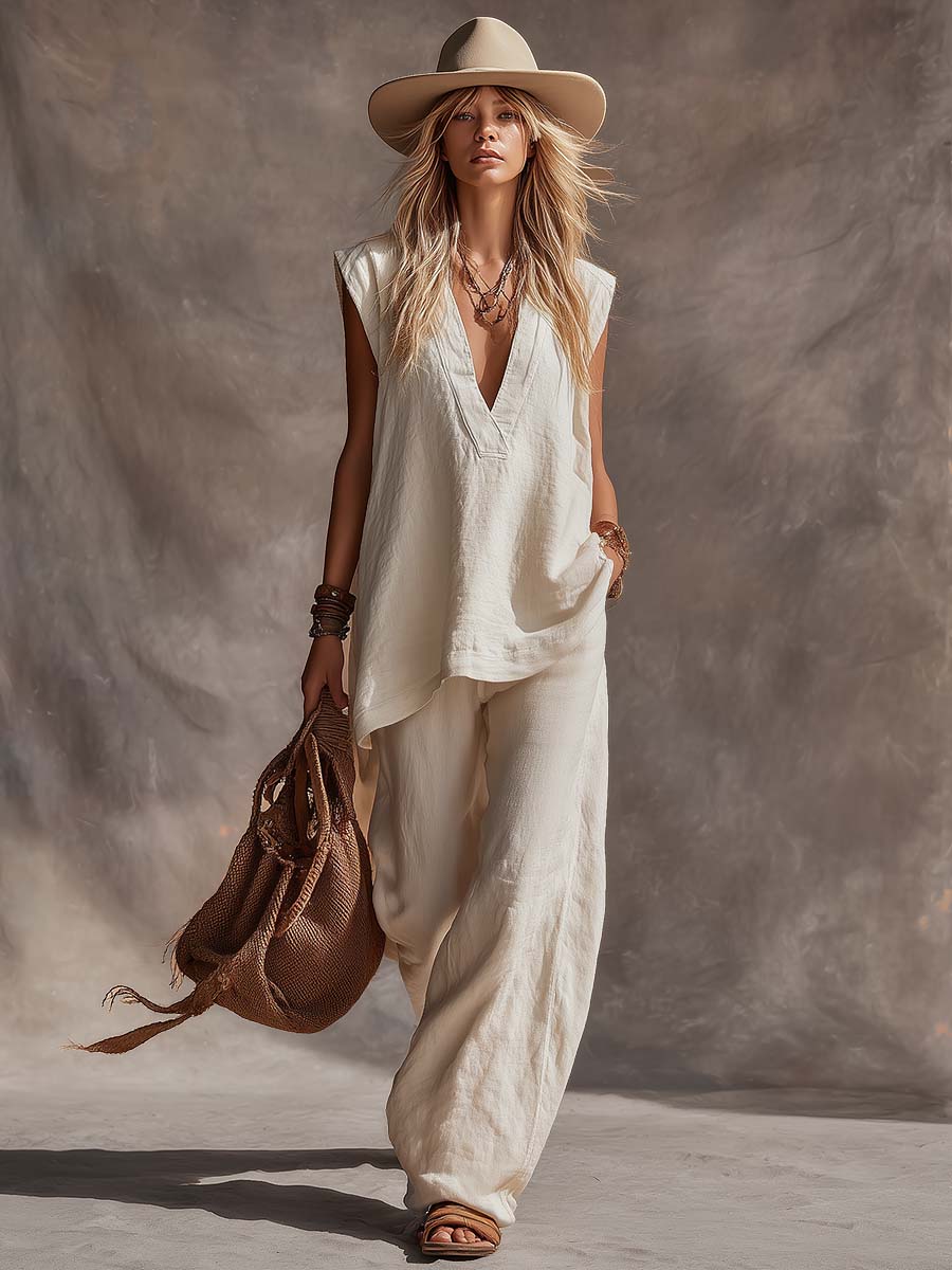 Casual Simple Bohemian V-Neck Off White Cotton-Linen Top And Pants Set