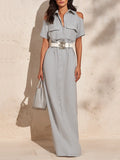 Women's Light Grey Striped Cotton Blend Maxi Shirt Dress With Cold Shoulder Cutout & Chest Patch Pockets, Casual Chic Summer Resort Shirt Dress (without Belt) MDZ2945F2LYL