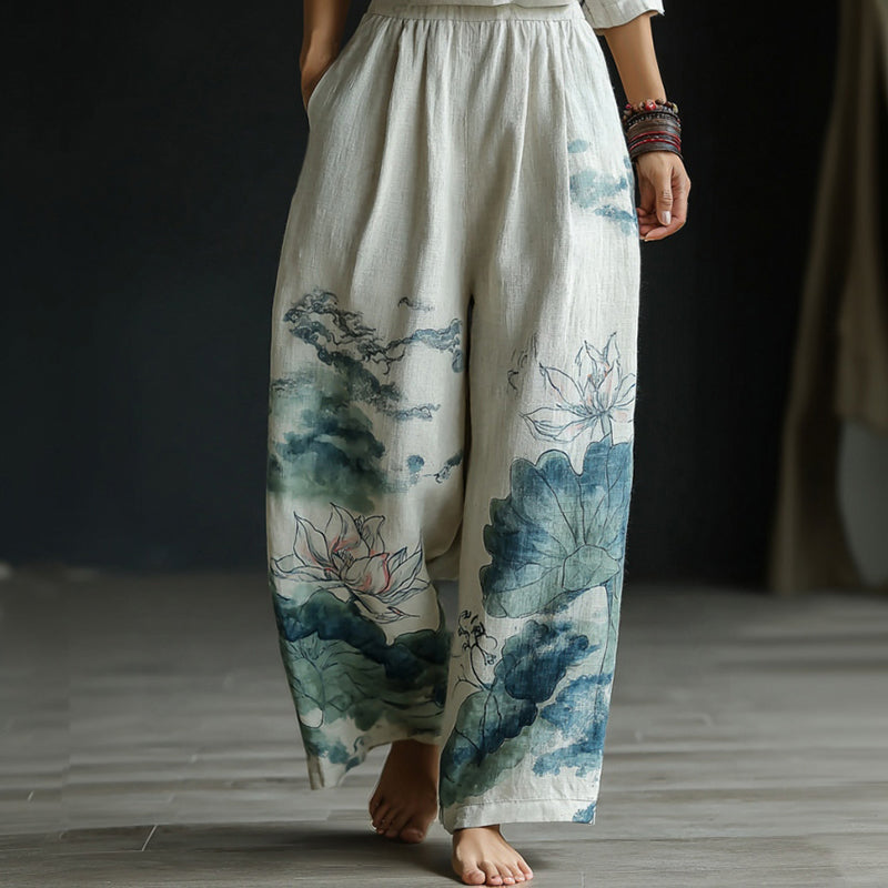 Women's Japanese-style Lotus Pattern Linen Trousers