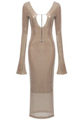 Long Sleeve Sequin Backless Midi Dress Nude