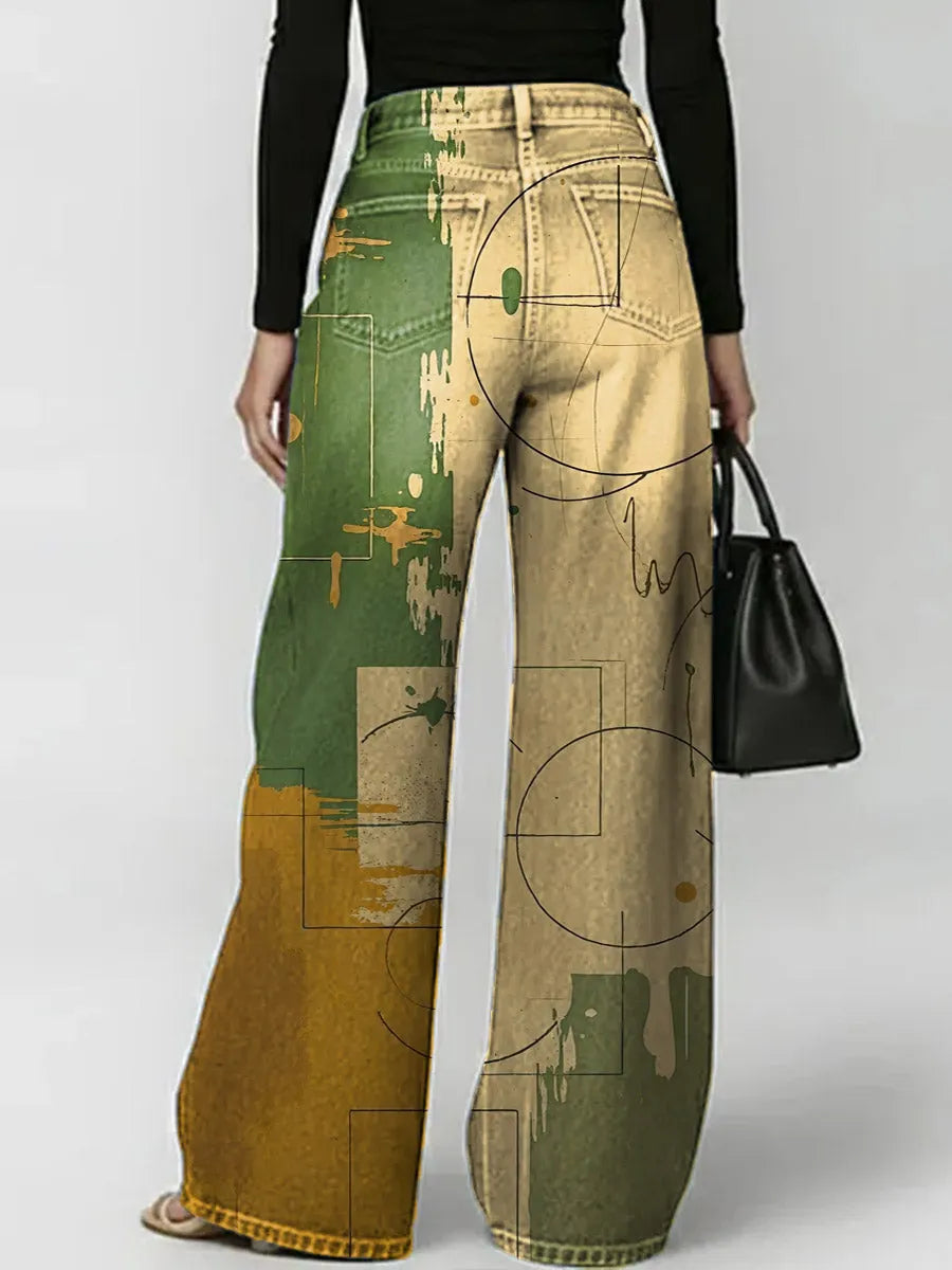 Women's Retro Geometric Art Print Casual Stylish Hollow Denim Pants