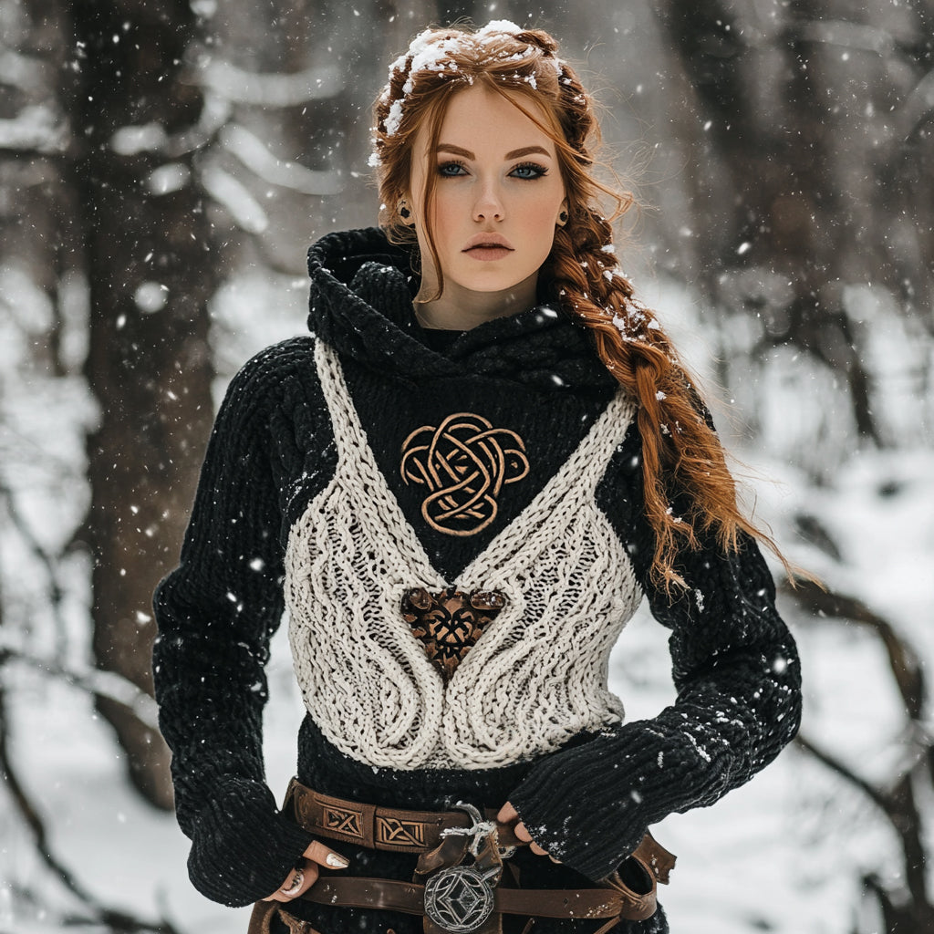 Women's Viking Tribal Jacquard Celtic Inspired Chunky Knit Hooded Sweater